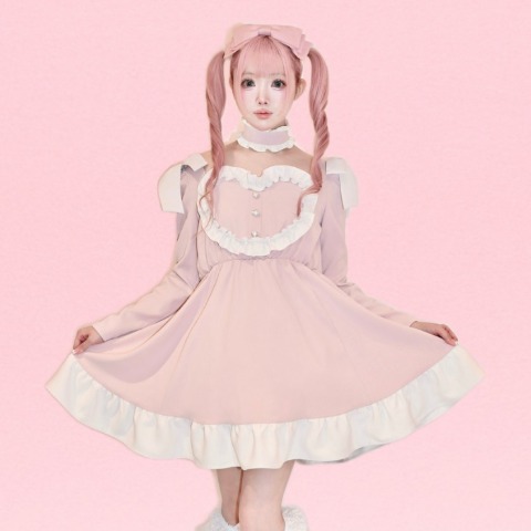 レディース　ハート型フリルワンピース（桃饅頭ちゃん）