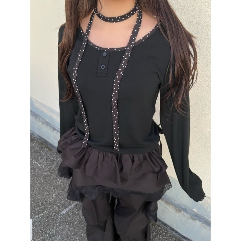 レディース　ドット柄タイ付きプルオーバー（桃華姉妹）