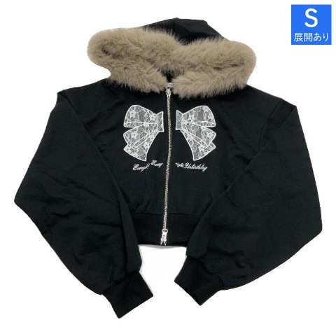 レディース　フードファーレースリボンジップパーカ（きゅるりんってしてみて）