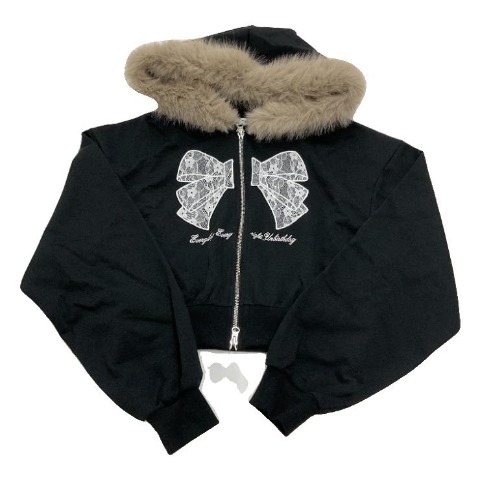 レディース　フードファーレースリボンジップパーカ（きゅるりんってしてみて）