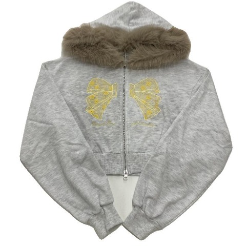 レディース　フードファーレースリボンジップパーカ（きゅるりんってしてみて）