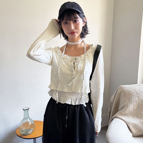 レディース　襟フリルリボンカーディガン（ハニカム）