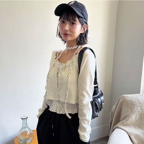 レディース　襟フリルリボンカーディガン（ハニカム）