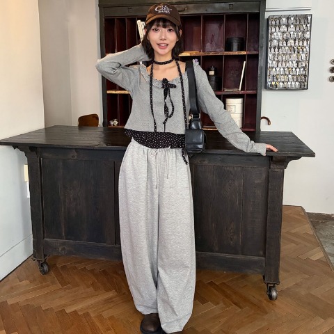 レディース　襟フリルリボンカーディガン（ハニカム）