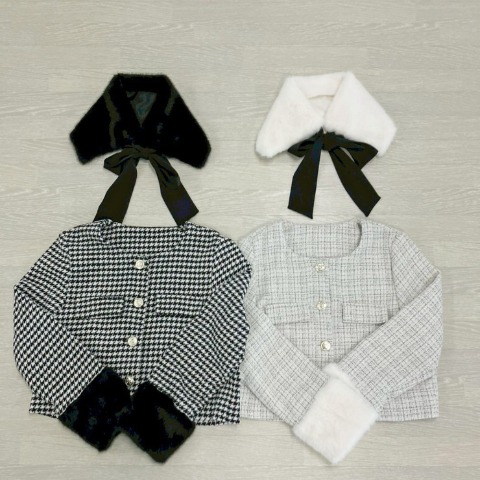 レディース　ティペット付きツイード調ノーカラージャケット（nako）