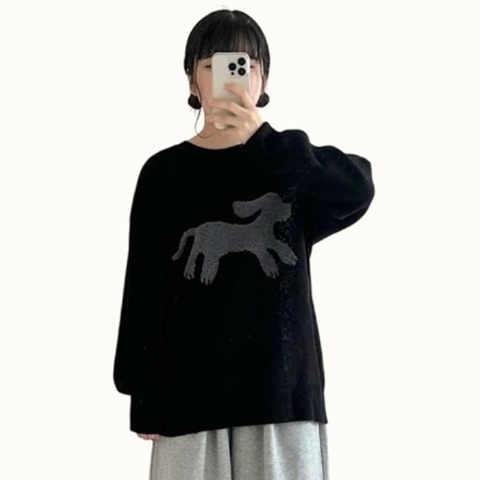レディース　ループ編みイヌモチーフニットプルオーバー（おさる）