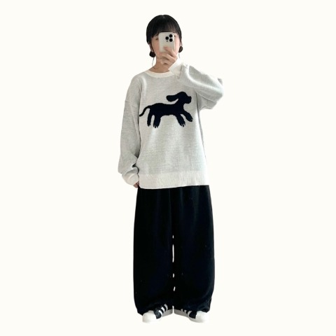 レディース　ループ編みイヌモチーフニットプルオーバー（おさる）