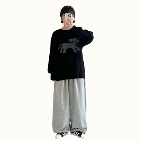 レディース　ループ編みイヌモチーフニットプルオーバー（おさる）
