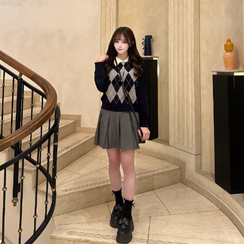 レディース　アーガイル柄ポロニットプルオーバー（さやぽん）