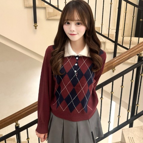 レディース　アーガイル柄ポロニットプルオーバー（さやぽん）