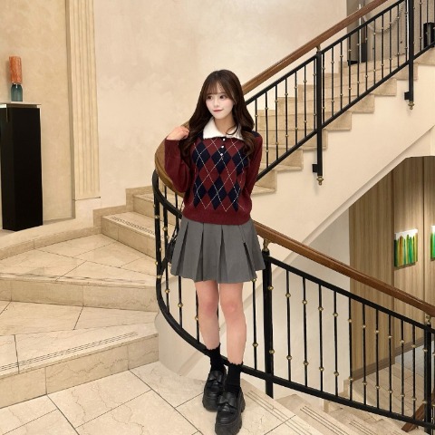 レディース　アーガイル柄ポロニットプルオーバー（さやぽん）