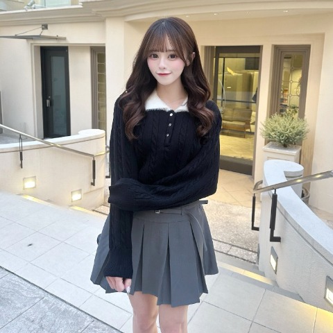 レディース　シャギー襟ケーブルニットプルオーバー（さやぽん）