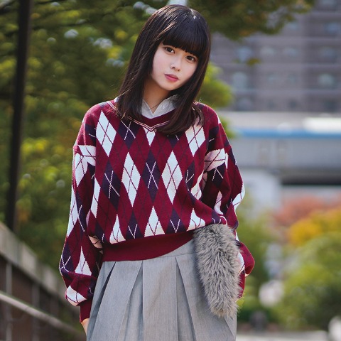 レディース　シャツ襟アーガイル柄ニットプルオーバー（瞬間seju)