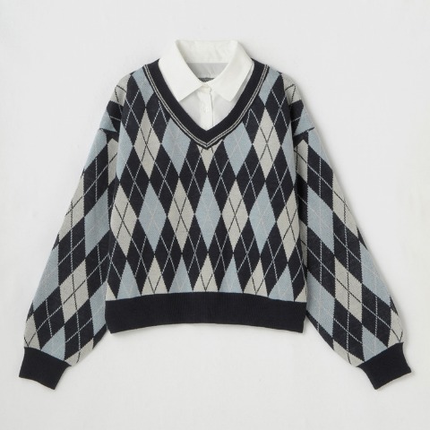 レディース　シャツ襟アーガイル柄ニットプルオーバー（瞬間seju)