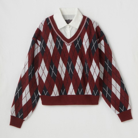 レディース　シャツ襟アーガイル柄ニットプルオーバー（瞬間seju)