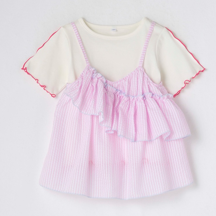イッセミヤケ　ピンクパープル フリル付きキャミソール キッズ キャミソール+半袖Tシャツ（120・130cm・SUNNY HOUSE