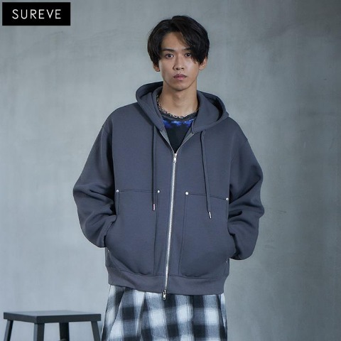 メンズ　リベットダブルジップパーカ（SUREVE BLACK）