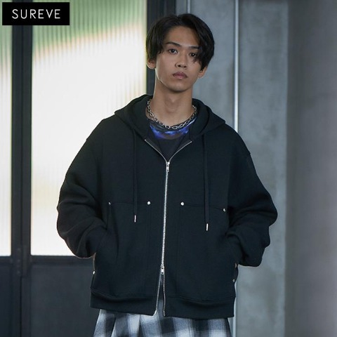 メンズ　リベットダブルジップパーカ（SUREVE BLACK）