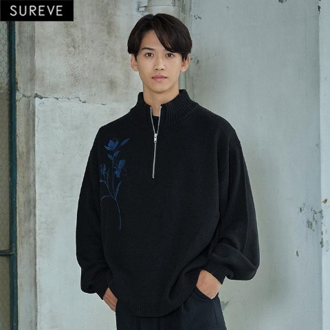 メンズ　花刺しゅうハーフジップニットプルオーバー（SUREVE BLACK）