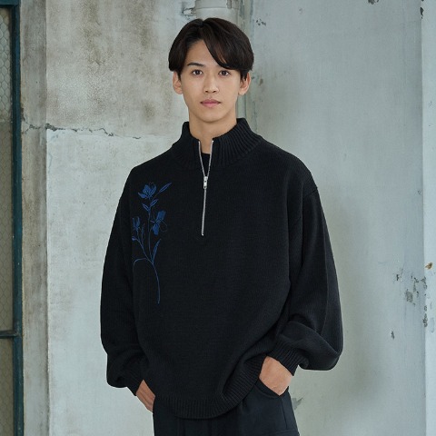 メンズ　花刺しゅうハーフジップニットプルオーバー（SUREVE BLACK）