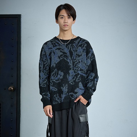 メンズ　花柄ニットプルオーバー (SUREVE BLACK）