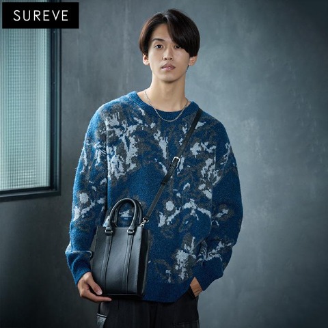 メンズ　花柄ニットプルオーバー (SUREVE BLACK）