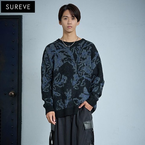 メンズ　花柄ニットプルオーバー (SUREVE BLACK）