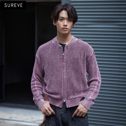 メンズ　メッシュZIPニットカーディガン（SUREVE BLACK）