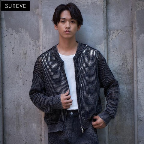 メンズ　メッシュZIPニットカーディガン（SUREVE BLACK）