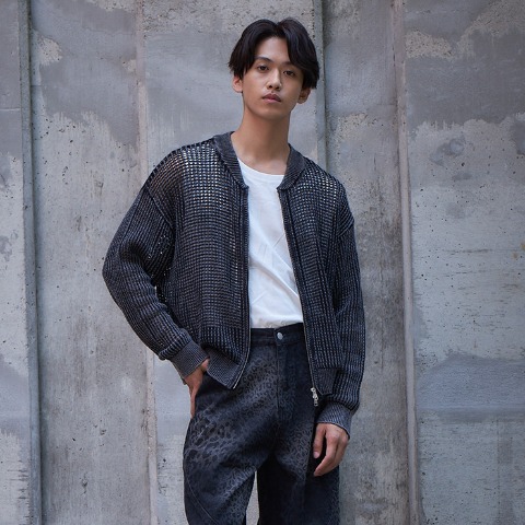 メンズ　メッシュZIPニットカーディガン（SUREVE BLACK）