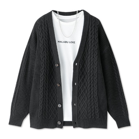 メンズ　アクセサリー付ニットカーディガン+長袖Tシャツセット（SUREVE）