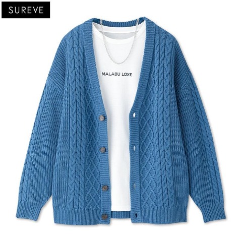 メンズ　アクセサリー付ニットカーディガン+長袖Tシャツセット（SUREVE）