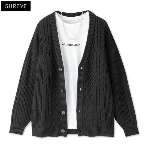 メンズ　アクセサリー付ニットカーディガン+長袖Tシャツセット（SUREVE）
