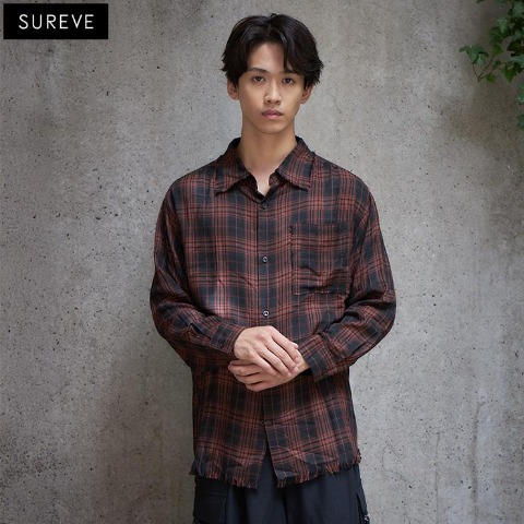 メンズ　フリンジチェック柄シャツ（SUREVE BLACK）