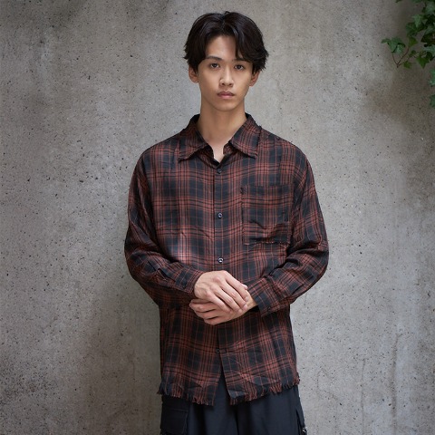 メンズ　フリンジチェック柄シャツ（SUREVE BLACK）