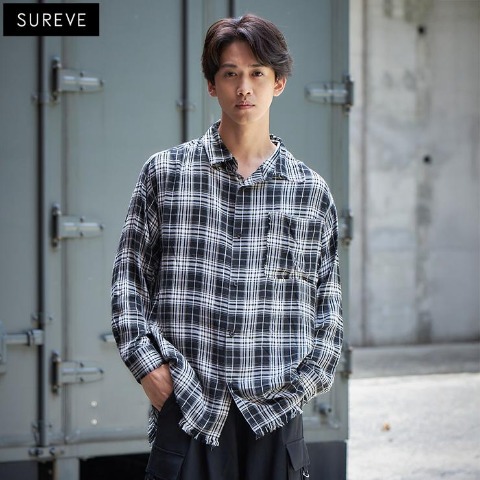 メンズ　フリンジチェック柄シャツ（SUREVE BLACK）