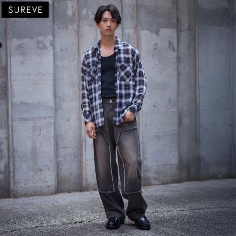 メンズ　ダブルニーデニムワイドパンツ（SUREVE BLACK）