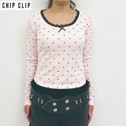 レディース　裾レースドットプルオーバー（CHIP CLIP・TikTok）