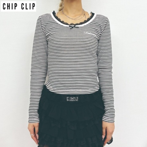 レディース　裾レースボーダープルオーバー（CHIP CLIP・TikTok）