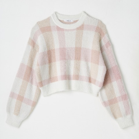 レディース　チェック柄シャギーニットプルオーバー（CHIP CLIP）