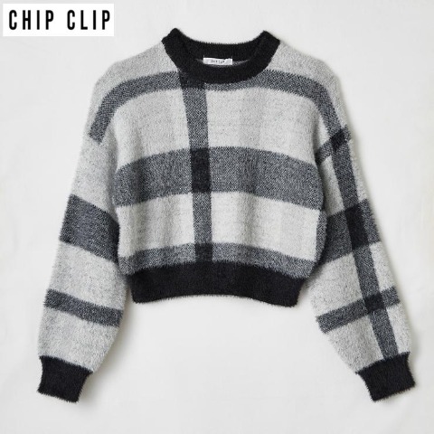 レディース　チェック柄シャギーニットプルオーバー（CHIP CLIP）