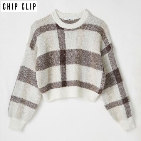 レディース　チェック柄シャギーニットプルオーバー（CHIP CLIP）