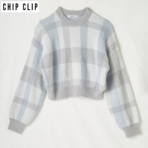 レディース　チェック柄シャギーニットプルオーバー（CHIP CLIP）