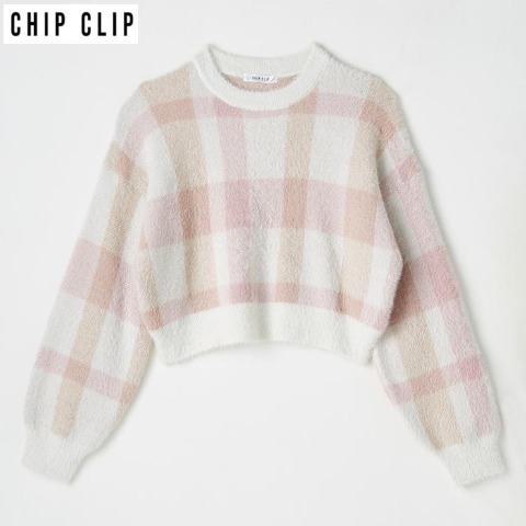 レディース　チェック柄シャギーニットプルオーバー（CHIP CLIP）