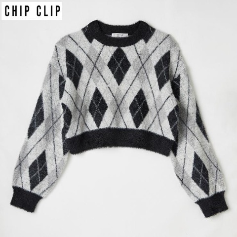 レディース　アーガイル柄シャギーニットプルオーバー（CHIP CLIP）