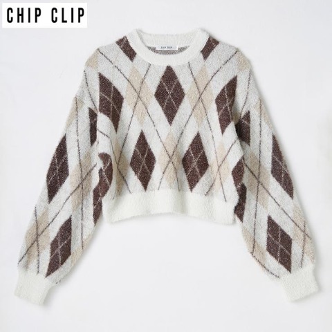 レディース　アーガイル柄シャギーニットプルオーバー（CHIP CLIP）