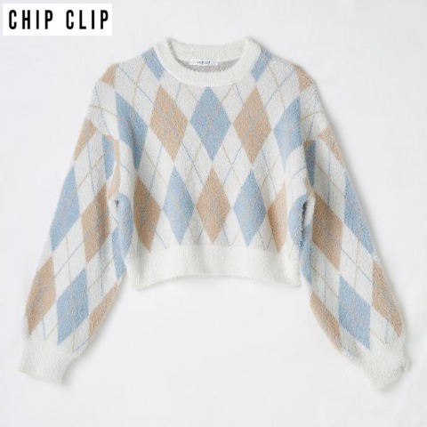 レディース　アーガイル柄シャギーニットプルオーバー（CHIP CLIP）