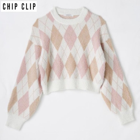 レディース　アーガイル柄シャギーニットプルオーバー（CHIP CLIP）