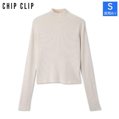 レディース【S～L】　袖口ボタンハイネックリブニットプルオーバー（CHIP CLIP）