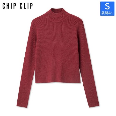 レディース【S～L】　袖口ボタンハイネックリブニットプルオーバー（CHIP CLIP）